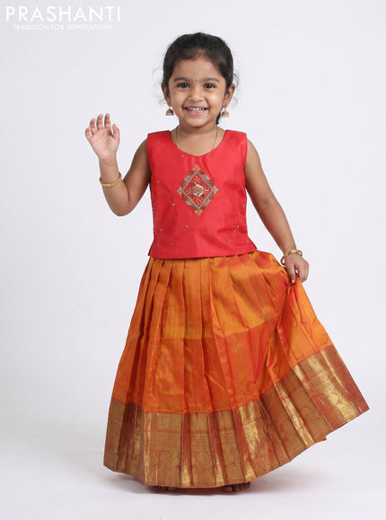 Pure silk kids Lehenga red and sunset orange with embroidery neck pattern and sleeveless style