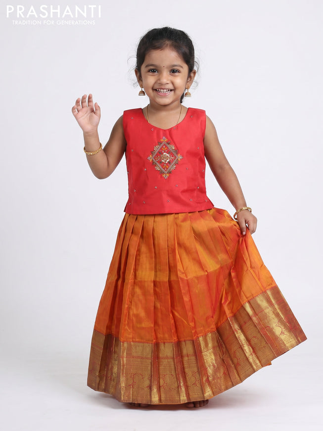 Pure silk kids Lehenga red and sunset orange with embroidery neck pattern and sleeveless style