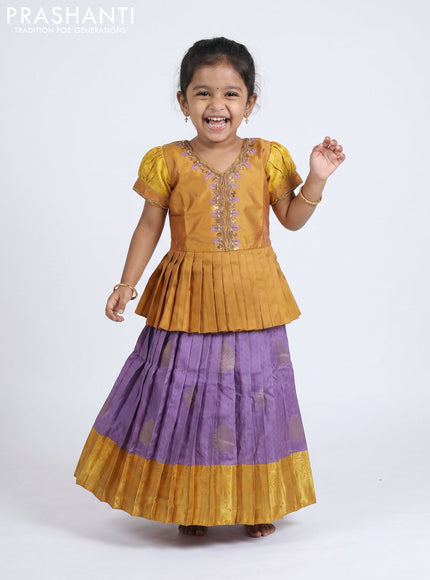 Pure silk kids Lehenga dark mustard and lilac with embroidery neck pattern and puff sleeve
