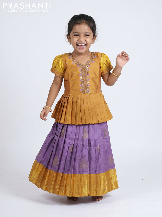 Pure silk kids Lehenga dark mustard and lilac with embroidery neck pattern and puff sleeve