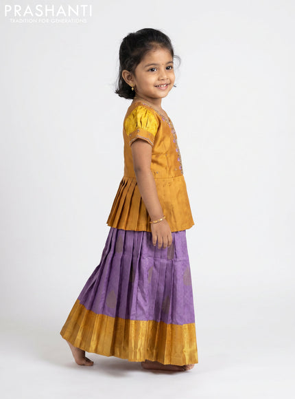Pure silk kids Lehenga dark mustard and lilac with embroidery neck pattern and puff sleeve