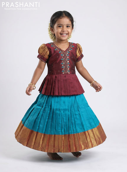 Pure silk kids Lehenga maroon and teal blue with embroidery neck pattern and puff sleeve
