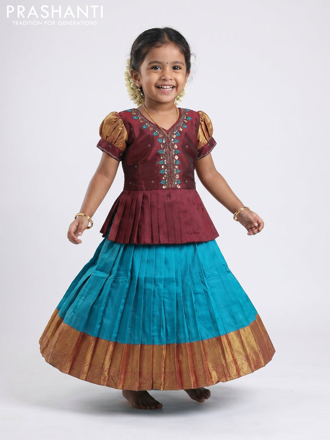 Pure silk kids Lehenga maroon and teal blue with embroidery neck pattern and puff sleeve