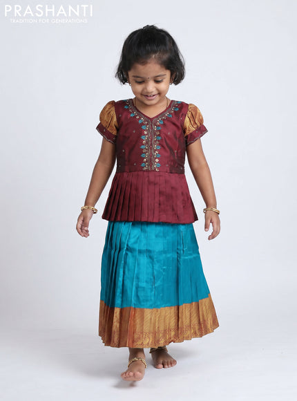 Pure silk kids Lehenga maroon and teal blue with embroidery neck pattern and puff sleeve