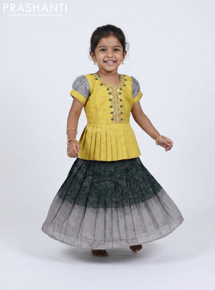 Pure silk kids Lehenga yellow and bottle green with embroidery neck pattern and puff sleeve