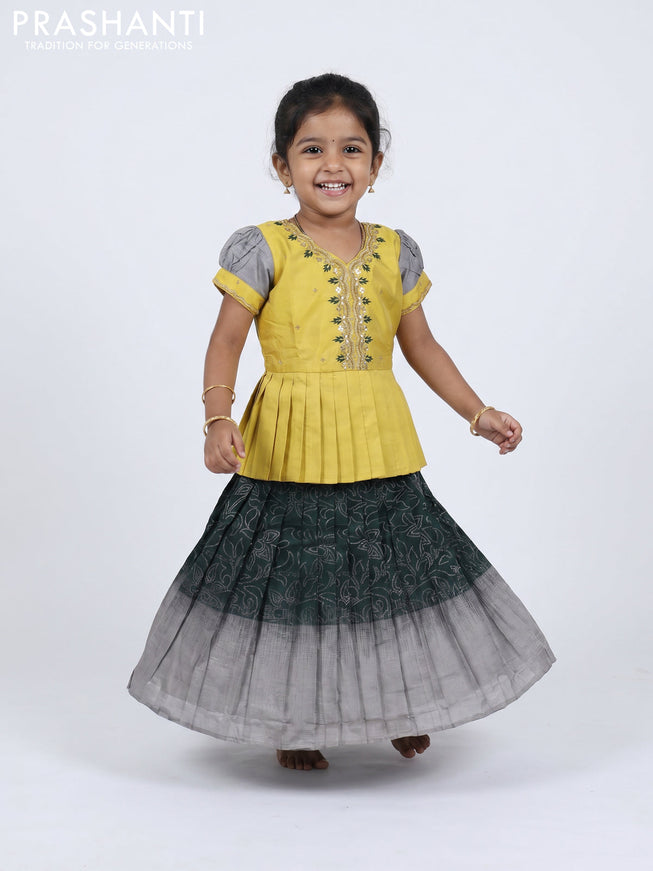 Pure silk kids Lehenga yellow and bottle green with embroidery neck pattern and puff sleeve