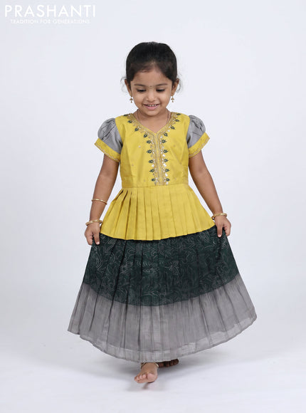 Pure silk kids Lehenga yellow and bottle green with embroidery neck pattern and puff sleeve