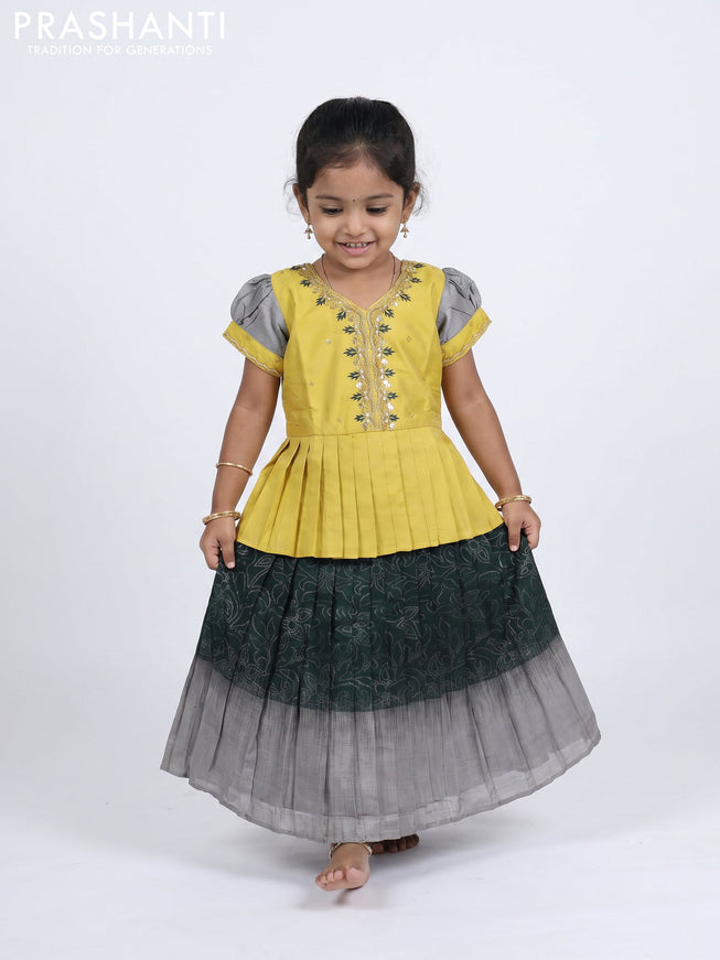 Pure silk kids Lehenga yellow and bottle green with embroidery neck pattern and puff sleeve