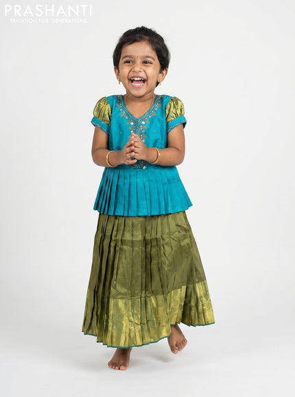 Pure silk kids Lehenga teal blue and mehendi green with embroidery neck pattern and puff sleeve