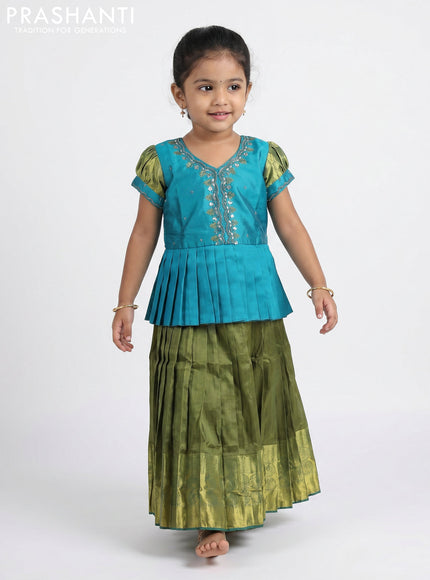 Pure silk kids Lehenga teal blue and mehendi green with embroidery neck pattern and puff sleeve