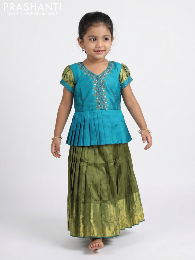 Pure silk kids Lehenga teal blue and mehendi green with embroidery neck pattern and puff sleeve