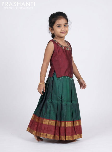 Pure silk kids Lehenga maroon and bottle green with embroidery neck pattern and sleeveless style