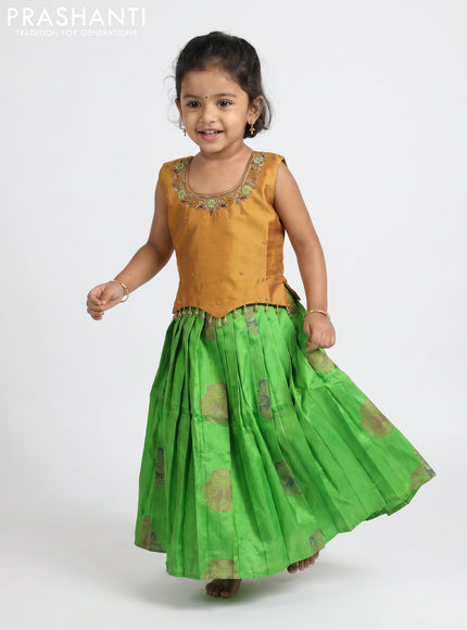 Pure silk kids Lehenga dark mustard and parrot green with embroidery neck pattern and sleeveless style