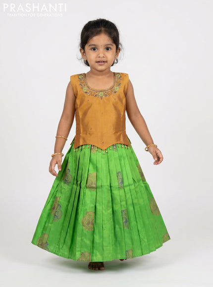 Pure silk kids Lehenga dark mustard and parrot green with embroidery neck pattern and sleeveless style