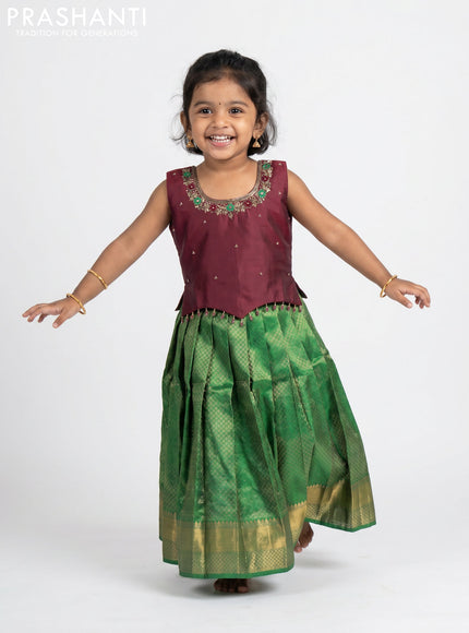 Pure silk kids Lehenga deep maroon and green with embroidery neck pattern and sleeveless style