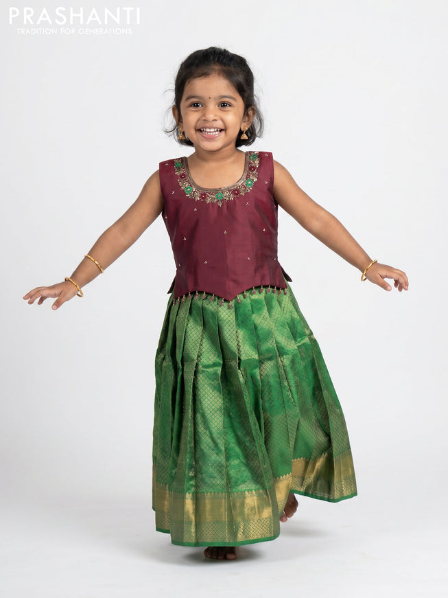 Pure silk kids Lehenga deep maroon and green with embroidery neck pattern and sleeveless style
