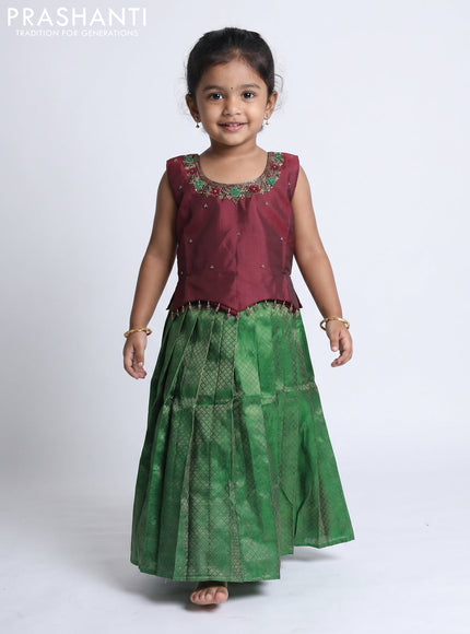Pure silk kids Lehenga deep maroon and green with embroidery neck pattern and sleeveless style