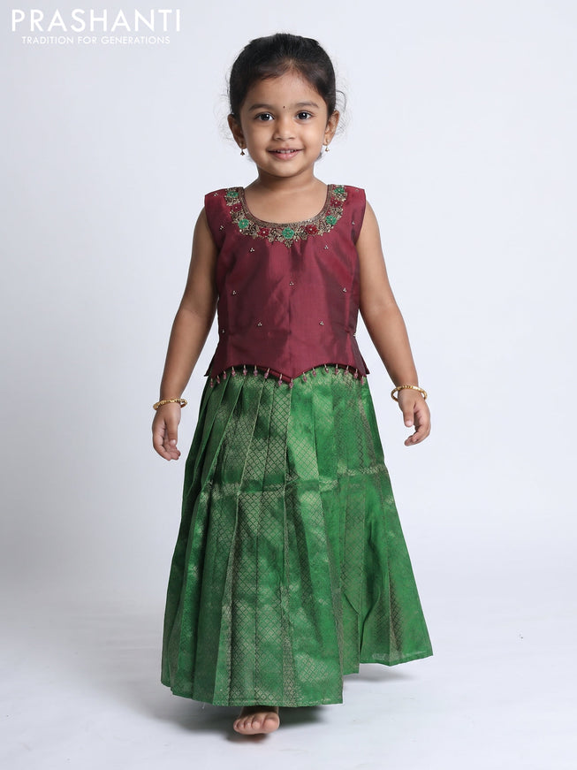 Pure silk kids Lehenga deep maroon and green with embroidery neck pattern and sleeveless style