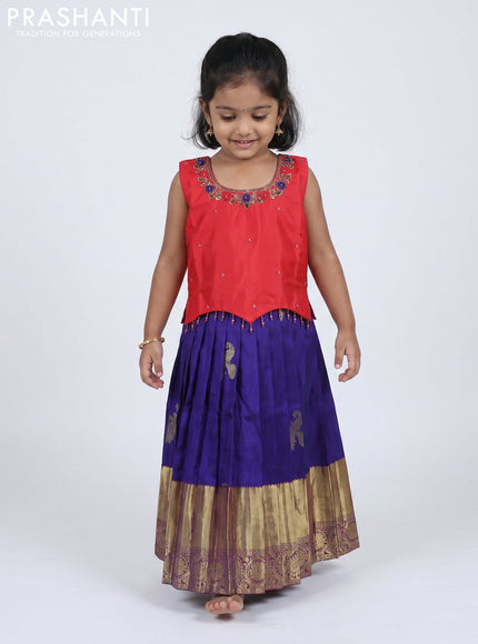 Pure silk kids Lehenga red and violet with embroidery neck pattern and sleeveless style