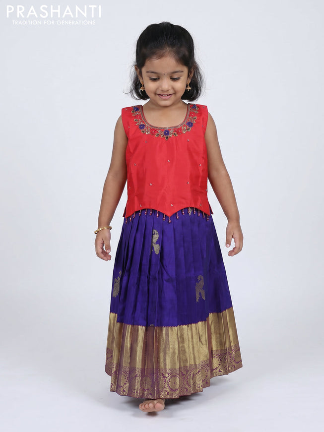 Pure silk kids Lehenga red and violet with embroidery neck pattern and sleeveless style
