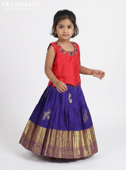 Pure silk kids Lehenga red and violet with embroidery neck pattern and sleeveless style