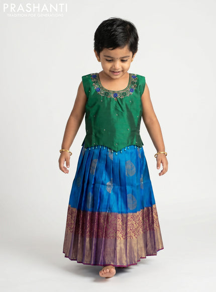Pure silk kids Lehenga green and dual tone blue with embroidery neck pattern and sleeveless style