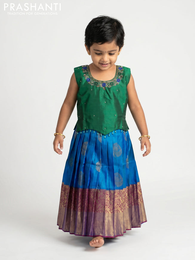 Pure silk kids Lehenga green and dual tone blue with embroidery neck pattern and sleeveless style