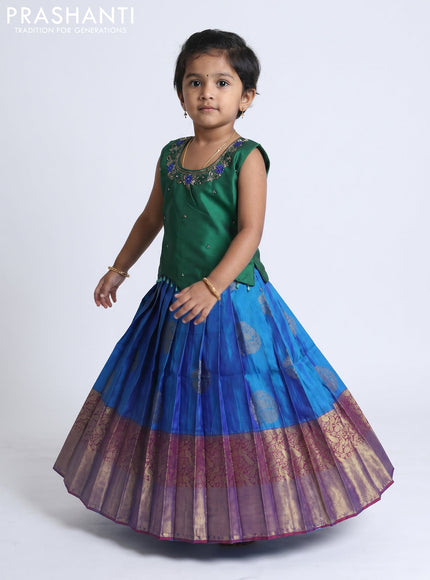 Pure silk kids Lehenga green and dual tone blue with embroidery neck pattern and sleeveless style