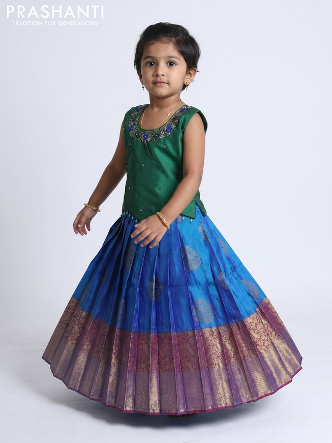 Pure silk kids Lehenga green and dual tone blue with embroidery neck pattern and sleeveless style