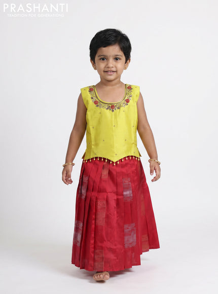 Pure silk kids Lehenga lime yellow and red with embroidery neck pattern and sleeveless style