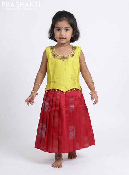 Pure silk kids Lehenga lime yellow and red with embroidery neck pattern and sleeveless style