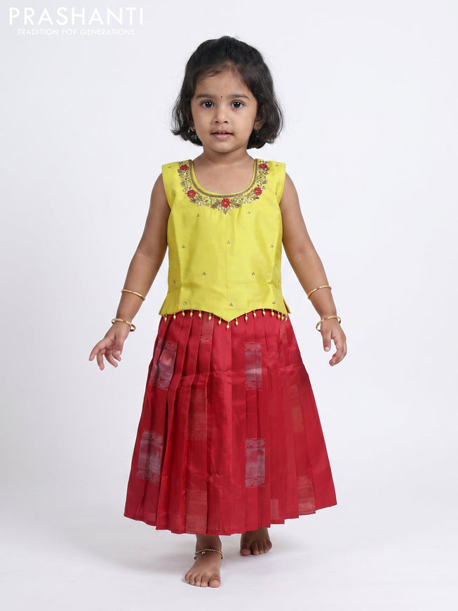 Pure silk kids Lehenga lime yellow and red with embroidery neck pattern and sleeveless style