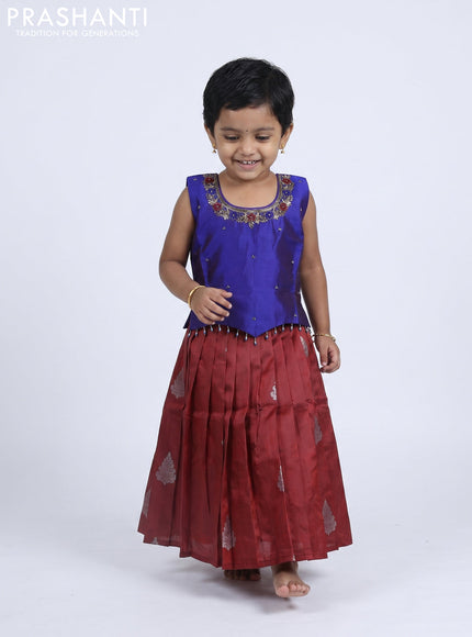 Pure silk kids Lehenga blue and maroon with embroidery neck pattern and sleeveless style
