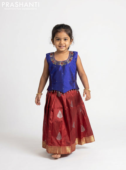 Pure silk kids Lehenga blue and maroon with embroidery neck pattern and sleeveless style