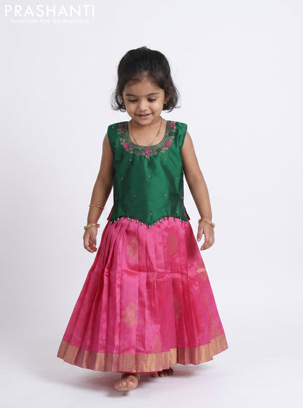 Pure silk kids Lehenga green and pink with embroidery neck pattern and sleeveless style