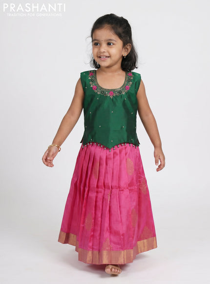 Pure silk kids Lehenga green and pink with embroidery neck pattern and sleeveless style