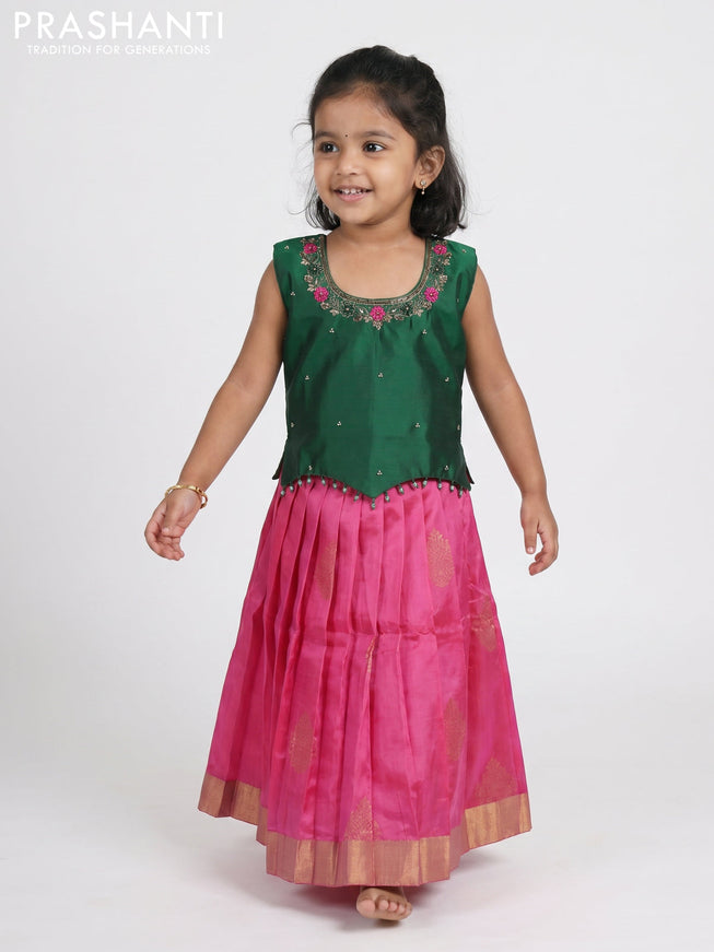 Pure silk kids Lehenga green and pink with embroidery neck pattern and sleeveless style