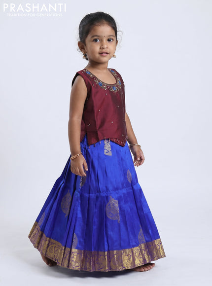 Pure silk kids Lehenga maroon and blue with embroidery neck pattern and sleeveless style