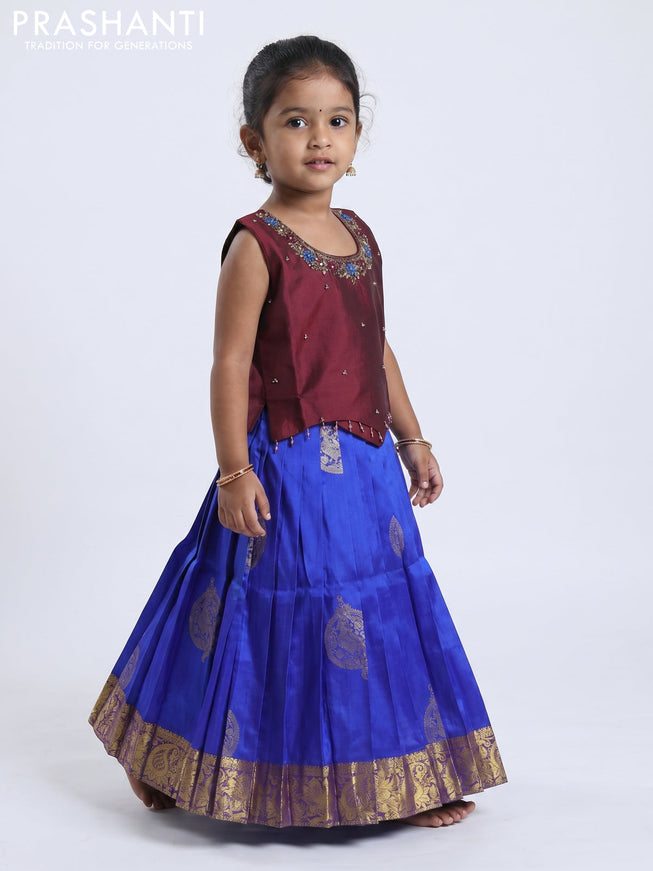 Pure silk kids Lehenga maroon and blue with embroidery neck pattern and sleeveless style