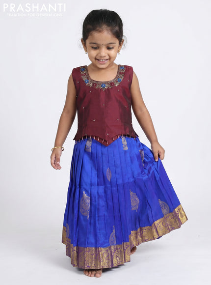 Pure silk kids Lehenga maroon and blue with embroidery neck pattern and sleeveless style