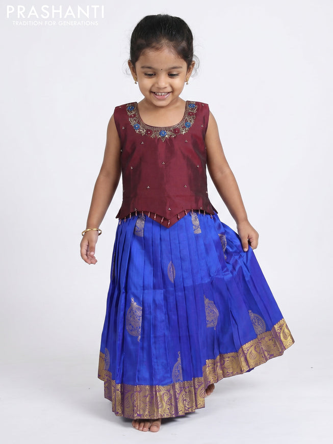 Pure silk kids Lehenga maroon and blue with embroidery neck pattern and sleeveless style