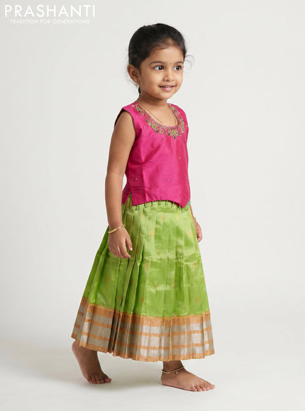 Pure silk kids Lehenga pink and light green with embroidery neck pattern and sleeveless style