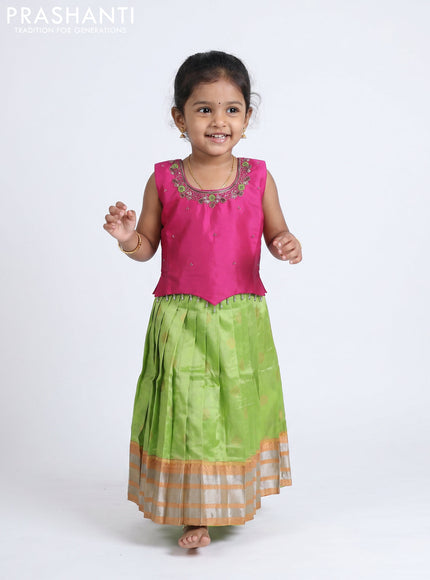 Pure silk kids Lehenga pink and light green with embroidery neck pattern and sleeveless style