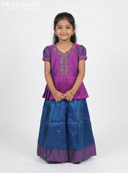 Pure silk kids Lehenga purple and dual tone peacock green with embroidery neck pattern and puff sleeve