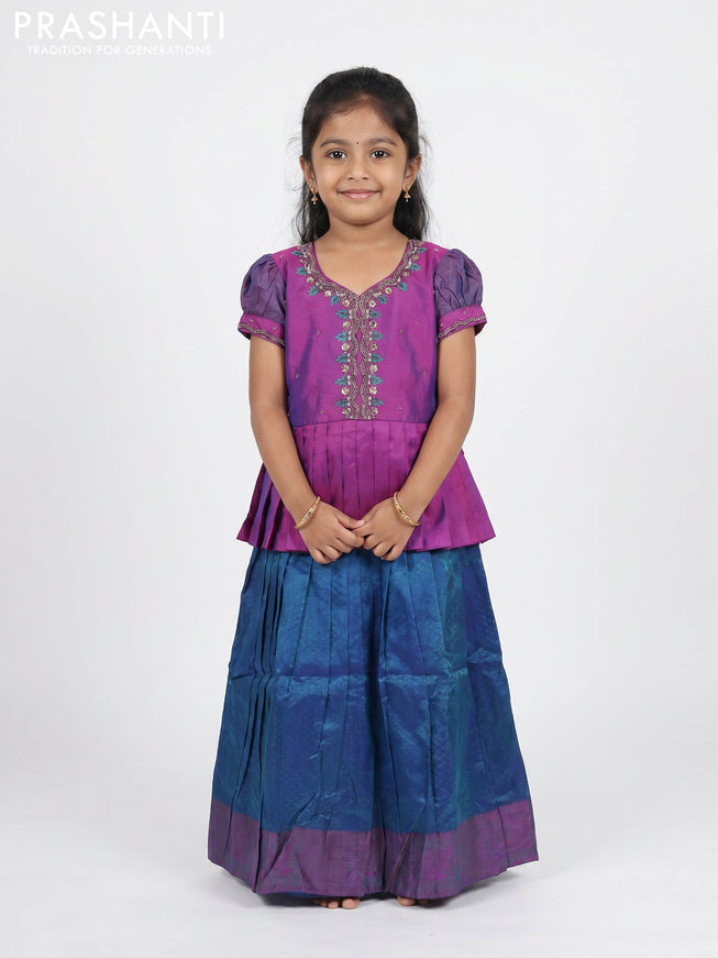 Pure silk kids Lehenga purple and dual tone peacock green with embroidery neck pattern and puff sleeve