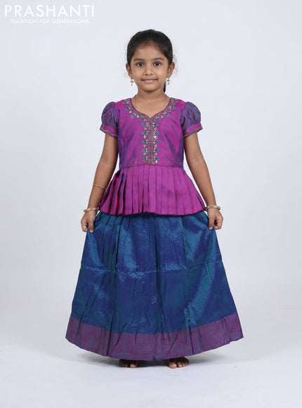 Pure silk kids Lehenga purple and dual tone peacock green with embroidery neck pattern and puff sleeve