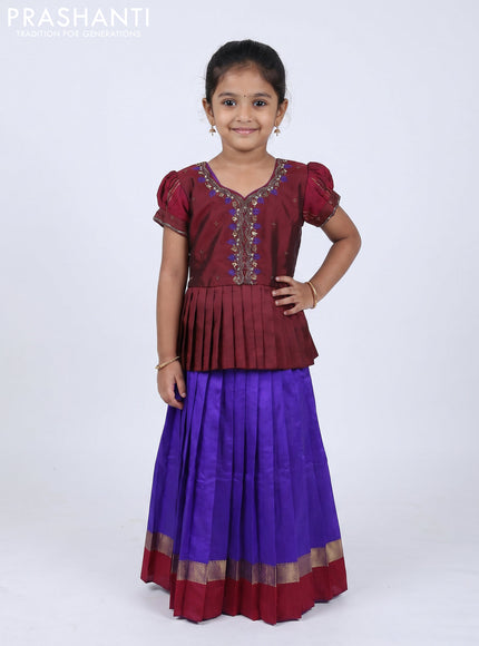 Pure silk kids Lehenga maroon and violet with embroidery neck pattern and puff sleeve