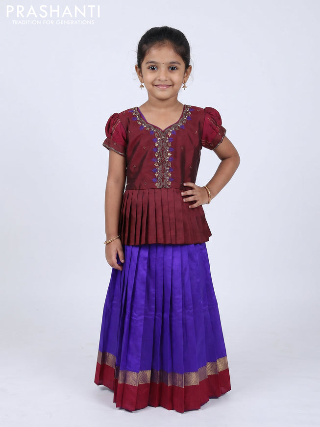 Pure silk kids Lehenga maroon and violet with embroidery neck pattern and puff sleeve