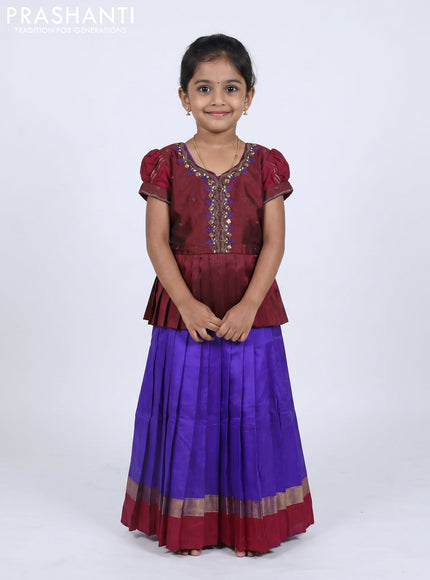 Pure silk kids Lehenga maroon and violet with embroidery neck pattern and puff sleeve