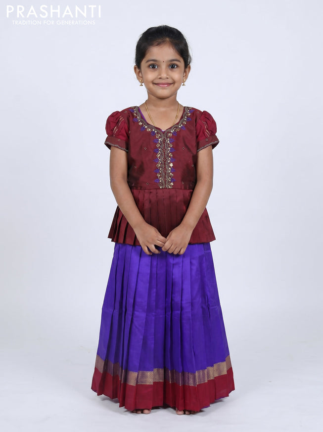 Pure silk kids Lehenga maroon and violet with embroidery neck pattern and puff sleeve